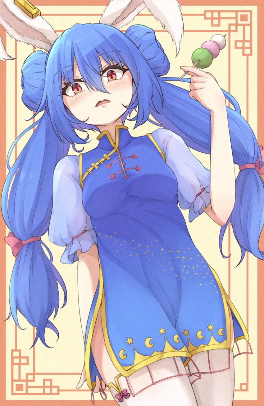 1girl adapted_costume alternate_hairstyle animal_ears bangs blue_dress blue_hair china_dress chinese_clothes commentary cowboy_shot crescent_print dango double_bun doughnut_hair_bun dress earclip food hair_bun highres holding holding_food long_hair looking_at_viewer neko_mata rabbit_ears rabbit_girl red_eyes seiran_(touhou) short_sleeves solo standing star_(symbol) star_print touhou wagashi yellow_background