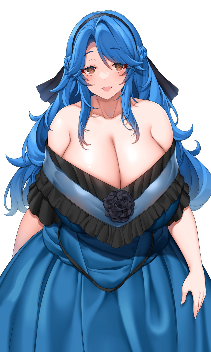 1girl absurdres bare_shoulders blue_hair braid breasts brown_eyes cleavage dress flower gigantic_breasts hair_ribbon headband highres long_dress long_hair looking_at_viewer open_mouth original ribbon simple_background solo suruga_(xsurugax) white_background