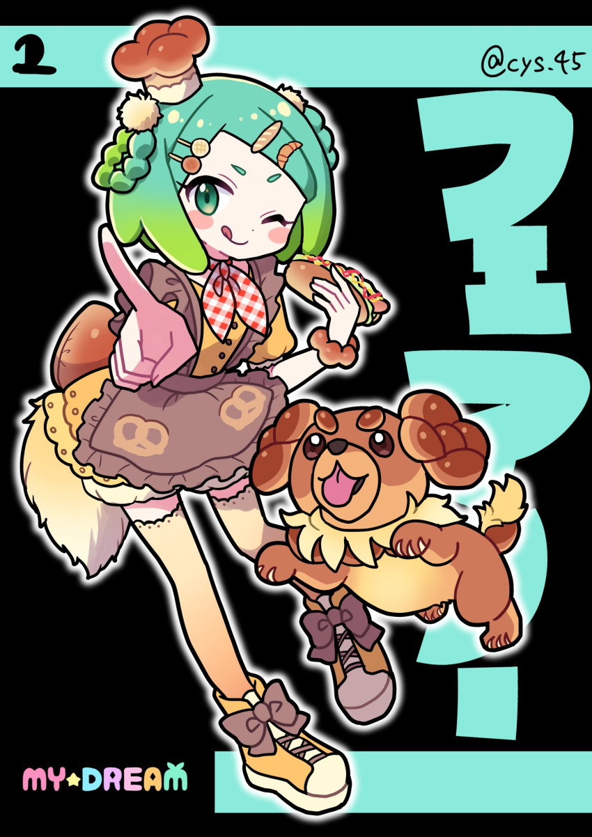 1girl alternate_costume alternate_hairstyle apron blush bow bracelet braided_hair_rings brown_apron brown_bow brown_headwear chef_hat closed_mouth crossover dachsbun dog_tail dress food food-themed_clothes food-themed_hair_ornament foreshortening frilled_dress frills full_body gradient_hair green_eyes green_hair hair_ornament hairclip hand_up hat highres holding holding_food idol_time_pripara index_fingers_raised jewelry kokichi_yoko looking_at_viewer multicolored_hair neckerchief nijiiro_nino one_eye_closed parody pointing pointing_at_viewer pokemon pokemon_(creature) pokemon_(game) pokemon_sv pretty_(series) pripara project_voltage puffy_short_sleeves puffy_sleeves red_neckerchief sandwich shoes short_hair short_sleeves smile sneakers standing style_parody tail thighhighs tongue tongue_out vocaloid yellow_dress yellow_footwear yellow_thighhighs