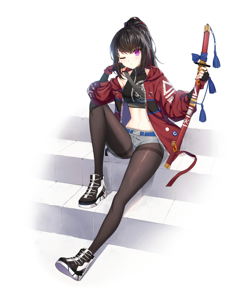 1girl bare_shoulders belt black_footwear black_gloves black_hair black_shirt breasts brown_pantyhose closers crop_top elbow_gloves gloves grey_shorts highres holding holding_sword holding_weapon jacket katana knee_up long_hair long_sleeves looking_at_viewer luna_aegis_(closers) medium_breasts micro_shorts midriff multicolored_hair nail_polish navel non-web_source off_shoulder official_art one_eye_closed open_clothes open_jacket pantyhose ponytail purple_eyes red_jacket sheath sheathed shirt shoes shorts sitting sleeveless sleeveless_shirt sleeveless_turtleneck solo stomach streaked_hair sword thighband_pantyhose turtleneck weapon