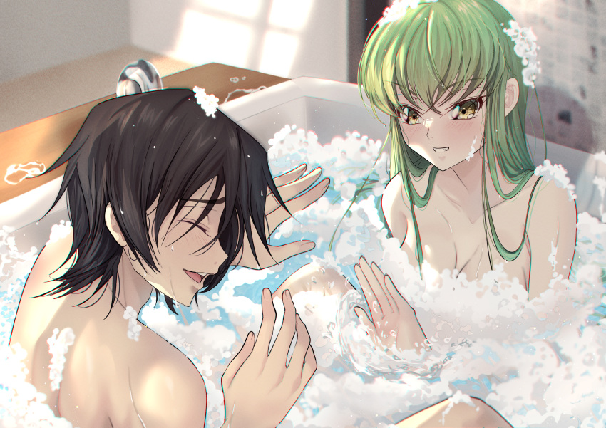 1boy 1girl ^_^ absurdres bare_shoulders bathtub black_hair blush breasts budgiepon c.c. cleavage closed_eyes code_geass commentary completely_nude convenient_censoring couple crossed_bangs day eyelashes eyes_visible_through_hair green_hair grin hair_between_eyes hair_over_shoulder hetero highres indoors lelouch_vi_britannia long_hair looking_at_another medium_breasts mixed_bathing nude open_mouth partially_submerged profile short_hair sidelighting smile soap_bubbles soap_censor spiked_hair splashing straight_hair teeth upper_teeth_only v-shaped_eyebrows water water_drop wet wet_hair yellow_eyes