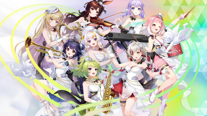 6+girls bad_source bow_(music) braid brown_hair chinese_commentary clarinet cocktail_dress color_coordination double_bun dress drumsticks formal gradient_hair green_eyes green_hair grey_hair hair_bun hat highres holding_bow_(music) huo_lulu inferno_(vtuber) instrument katya_(nebula_beat) keyboard_(instrument) long_hair looking_at_viewer luona mai_(vtuber) matching_outfits medium_hair mini_hat multicolored_hair multiple_girls nail_polish nebula_beat official_alternate_costume official_art pink_hair pointy_ears purple_hair red_eyes red_hair saxophone song_name taomu_q twin_braids twintails very_long_hair violin virtual_youtuber white_dress white_footwear white_hair white_nails xuan_xiaozhi ye_heli yellow_eyes