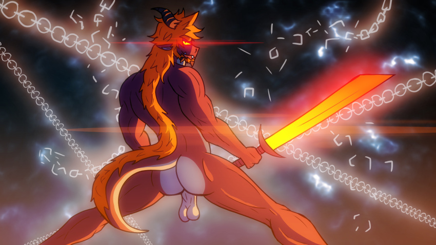 abstract_background anthro backsack balls broken_chain butt cel_shading countershade_butt countershading demon dragon genitals glowing glowing_eyes glowing_sword hair hi_res horn kimero_kat lens_flare lord_dunkelheit male melee_weapon muscular muscular_arms muscular_legs muscular_male muscular_thighs nude orange_hair pose red_body saggy_balls shaded solo spread_legs spreading sword weapon