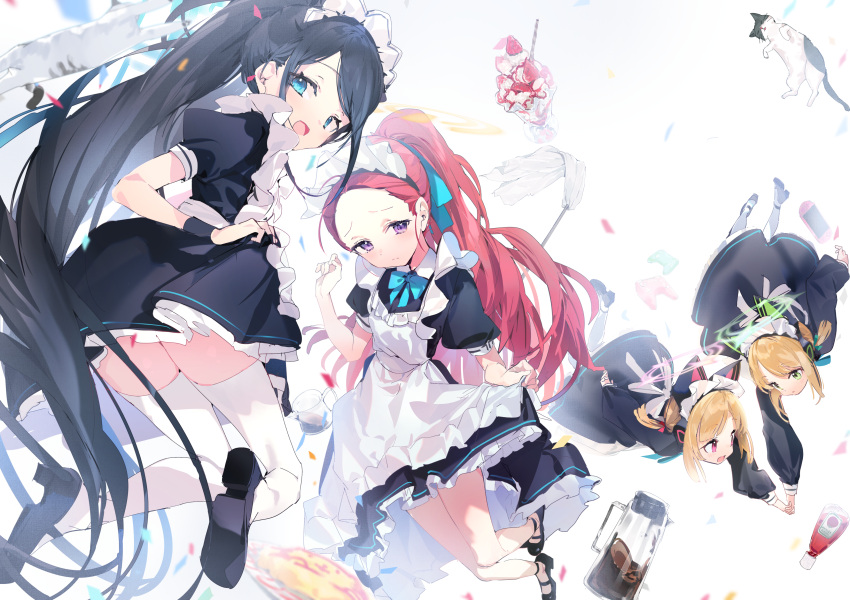 4girls absurdres aida_(chinhung0612) animal_ear_headphones animal_ears apron aris_(blue_archive) aris_(maid)_(blue_archive) black_dress black_footwear black_hair blonde_hair blue_archive blue_eyes cat cat_ear_headphones confetti dress fake_animal_ears food frilled_apron frills game_development_department_(blue_archive) green_eyes headphones highres holding_hands ketchup ketchup_bottle long_hair long_sleeves looking_back maid maid_headdress midori_(blue_archive) midori_(maid)_(blue_archive) momoi_(blue_archive) momoi_(maid)_(blue_archive) mop multiple_girls omelet omurice open_mouth parfait pink_eyes ponytail red_hair short_sleeves simple_background thighhighs very_long_hair white_apron white_thighhighs yuzu_(blue_archive) yuzu_(maid)_(blue_archive)