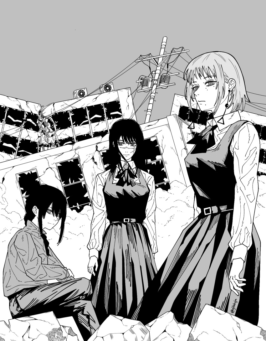 3girls black_hair chainsaw_man cross_scar dress earrings fami_(chainsaw_man) gitokuja greyscale highres jewelry mitaka_asa monochrome multiple_girls multiple_moles nayuta_(chainsaw_man) pinafore_dress ringed_eyes scar scar_on_face school_uniform sleeveless sleeveless_dress tassel tassel_earrings war_devil_(chainsaw_man) yoru_(chainsaw_man)