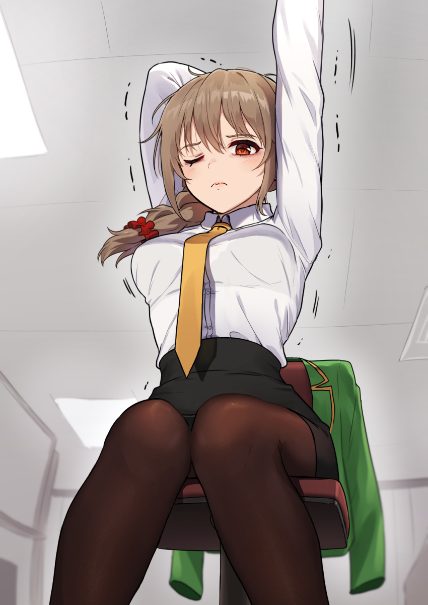 1girl ;( arms_up black_skirt blush breasts brown_hair clothes_on_object hair_over_shoulder highres idolmaster idolmaster_cinderella_girls indoors kamille_(vcx68) medium_breasts office_lady on_chair pencil_skirt senkawa_chihiro shirt sitting skirt solo stretching trembling white_shirt