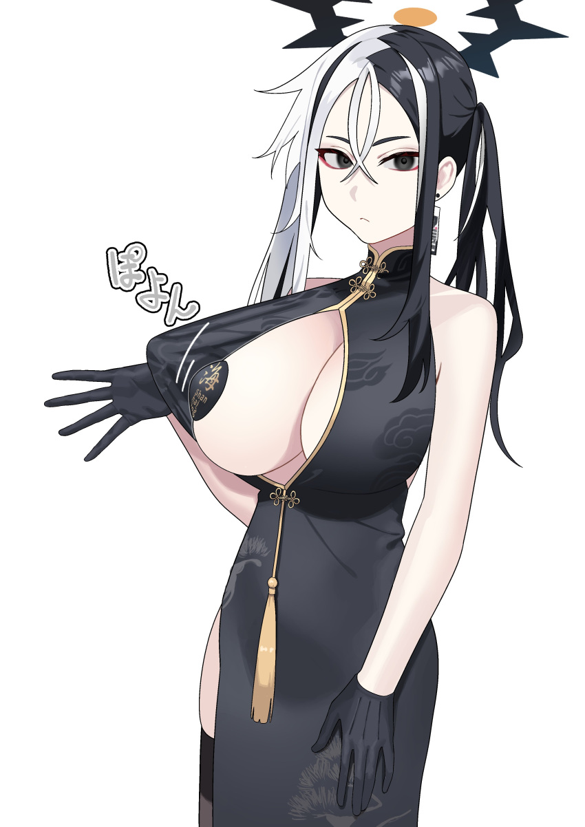 1girl absurdres black_dress black_gloves black_hair blue_archive breasts center_opening china_dress chinese_clothes dress earrings eyeliner fffukuzawa gloves halo highres jewelry kai_(blue_archive) large_breasts long_hair makeup multicolored_hair pasties side_slit sidelocks thighhighs two-tone_hair white_background white_hair