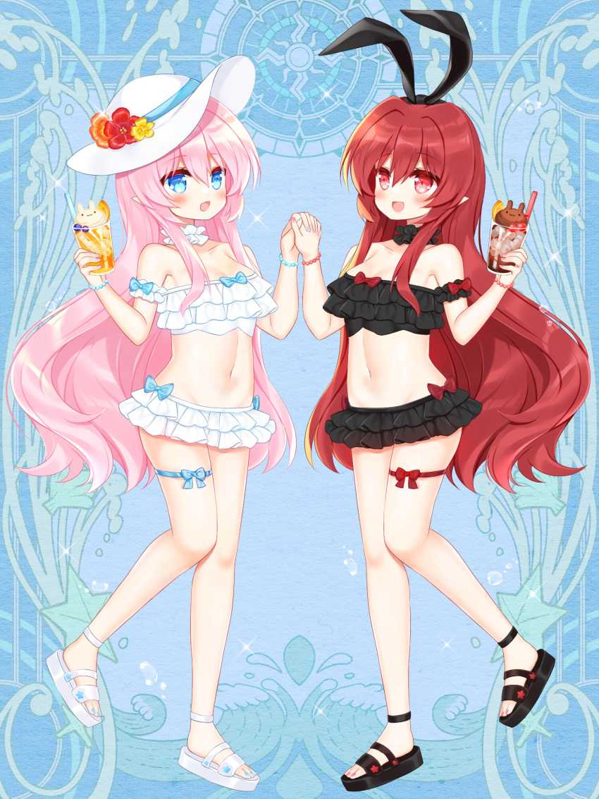 2girls :d animal_ears bare_shoulders bikini black_bikini black_footwear black_hairband blue_background blue_eyes blue_nails breasts cleavage collarbone copyright_request cup drinking_glass drinking_straw fake_animal_ears flower frilled_bikini frills hair_between_eyes hairband hat hat_flower highres holding holding_cup holding_hands interlocked_fingers long_hair medium_breasts multiple_girls nail_polish navel official_art orange_flower pink_hair pink_nails pointy_ears rabbit_ears red_eyes red_flower red_hair sandals shikito smile standing standing_on_one_leg sun_hat swimsuit very_long_hair white_bikini white_headwear yellow_flower