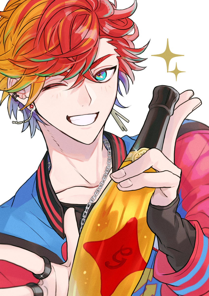 1boy absurdres aqua_eyes aqua_hair asymmetrical_bangs black_shirt bottle chain_necklace champagne_bottle crossed_bangs earrings grin hair_between_eyes highres hizaki_gamma holding holding_bottle holostars jacket jewelry junjam letterman_jacket light_blush looking_at_viewer male_focus mismatched_earrings multicolored_hair multiple_rings necklace official_alternate_costume one_eye_closed orange_hair purple_hair red_hair red_jacket ring shirt short_hair simple_background sleeves_past_wrists smile solo sparkle streaked_hair upper_body virtual_youtuber white_background