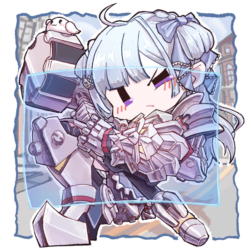 1girl ahoge amaui armored_boots blue_bow blue_hair blunt_bangs blush boots bow braid chibi closed_mouth commentary cosplay crescent crescent_hair_ornament crown_braid energy_barrier energy_shield frown full_body gauntlets hair_bow hair_ornament hammer highres leg_armor long_hair looking_at_viewer medium_bangs nanashi_inc. overwatch overwatch_2 purple_eyes rabbit reinhardt_(overwatch) reinhardt_(overwatch)_(cosplay) solo touki31249960 v-shaped_eyebrows virtual_youtuber