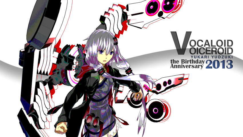 1girl 2013 anniversary black_jacket breasts commentary_request cowboy_shot dress fuhak hair_between_eyes highres jacket long_bangs long_hair long_sleeves looking_at_viewer open_mouth purple_dress purple_eyes purple_hair robot short_dress small_breasts solo speaker very_long_hair vocaloid voiceroid white_background yuzuki_yukari