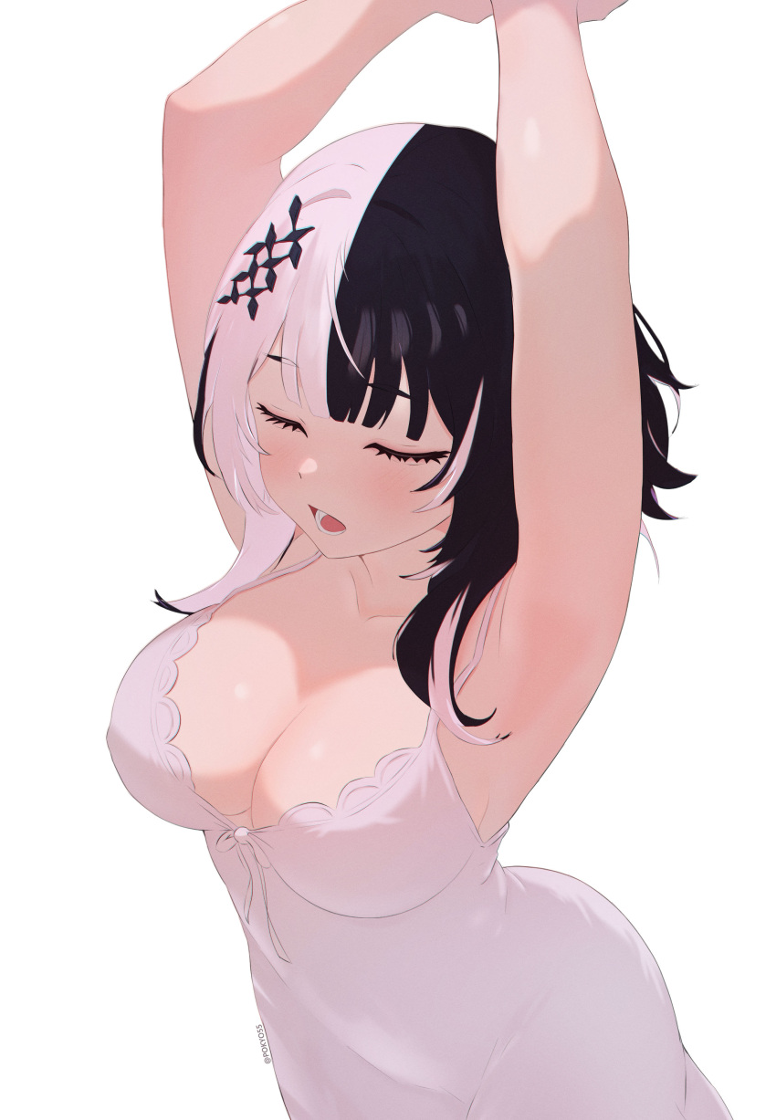 1girl absurdres alternate_costume armpits arms_up black_hair blush breasts cleavage closed_eyes highres hololive hololive_english large_breasts long_hair multicolored_hair negligee pokyo shiori_novella sleepy solo split-color_hair stretching two-tone_hair virtual_youtuber white_hair white_negligee yawning