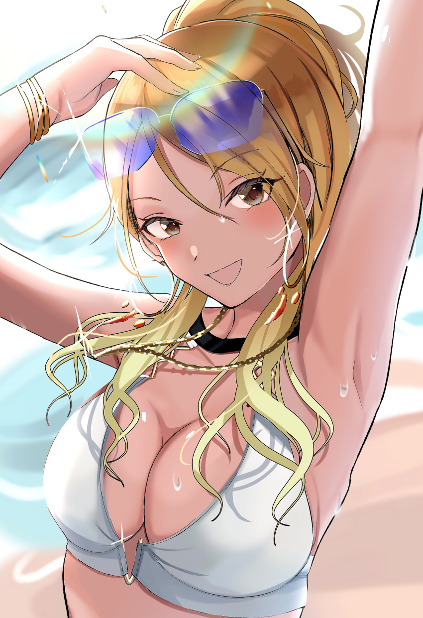 1girl absurdres armpits arms_up bare_shoulders beach bikini black_eyes blonde_hair blush bracelet breasts brown_hair chain_necklace cleavage collarbone commentary dark-skinned_female dark_skin day dot_nose earrings eyewear_on_head glint gold_bracelet gold_necklace gradient_hair gyaru highres hoop_earrings idolmaster idolmaster_shiny_colors izumi_mei jewelry large_breasts long_hair looking_at_viewer metamoru_tink multicolored_hair necklace ocean open_mouth outdoors rainbow_gradient smile solo sunglasses swimsuit tan upper_body wet white_bikini