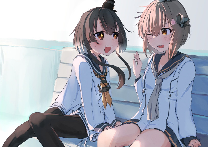 +_+ 2girls anchor_necklace bench black_hair black_pantyhose black_sailor_collar brown_eyes brown_hair dress feet_out_of_frame grey_neckerchief hat highres jewelry kantai_collection mini_hat mok4suke multiple_girls neckerchief necklace one_eye_closed pantyhose sailor_collar short_hair short_hair_with_long_locks sidelocks sitting smile smokestack_hair_ornament speaking_tube_headset tied_dress tokitsukaze_(kancolle) white_dress yellow_neckerchief yukikaze_(kancolle) yukikaze_kai_ni_(kancolle)