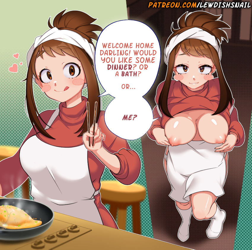 1girl :q absurdres alternate_costume alternate_hairstyle apron artist_name blush_stickers boku_no_hero_academia breasts brown_eyes brown_hair chopsticks clothes_lift cooking english_text food headband heart high_ponytail highres holding holding_chopsticks housewife indoors japanese_clothes kimono kimono_lift kitchen large_breasts lewdishsnail looking_at_viewer multiple_views nipples no_shoes omelet omurice paid_reward_available patreon_username red_kimono shinkon_santaku short_hair sidelocks socks speech_bubble stool stove tongue tongue_out uraraka_ochako web_address white_apron white_socks