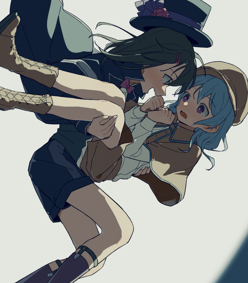 2girls ankle_boots bang_dream! black_hair black_headwear blue_hair blush boots bow bowtie brown_capelet brown_headwear capelet carrying coldcat. collared_shirt cross-laced_footwear deerstalker dot_nose dutch_angle flat_color flower grey_eyes hair_between_eyes hair_ornament hairclip hat hat_bow hat_flower highres knees_together_feet_apart lace-up_boots long_hair long_sleeves matsubara_kanon multiple_girls nose_blush okusawa_misaki pink_bow pink_bowtie princess_carry purple_bow purple_eyes red_flower red_rose rose shirt sidelocks simple_background top_hat traditional_bowtie wavy_mouth white_background white_shirt yuri