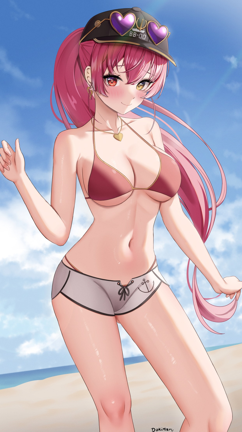 1girl artist_name bare_arms bare_shoulders bikini black_headwear blush breasts closed_mouth collarbone commission dokimaru earrings eyewear_on_headwear hair_ornament hair_ribbon hand_up hat heart heart-shaped_eyewear heart_necklace heterochromia highres hololive houshou_marine houshou_marine_(4th_costume) jewelry large_breasts looking_at_viewer medium_hair micro_shorts navel necklace ponytail red_bikini red_eyes red_hair red_ribbon ribbon second-party_source shorts smile stomach sunglasses swimsuit thighs underboob virtual_youtuber yellow_eyes