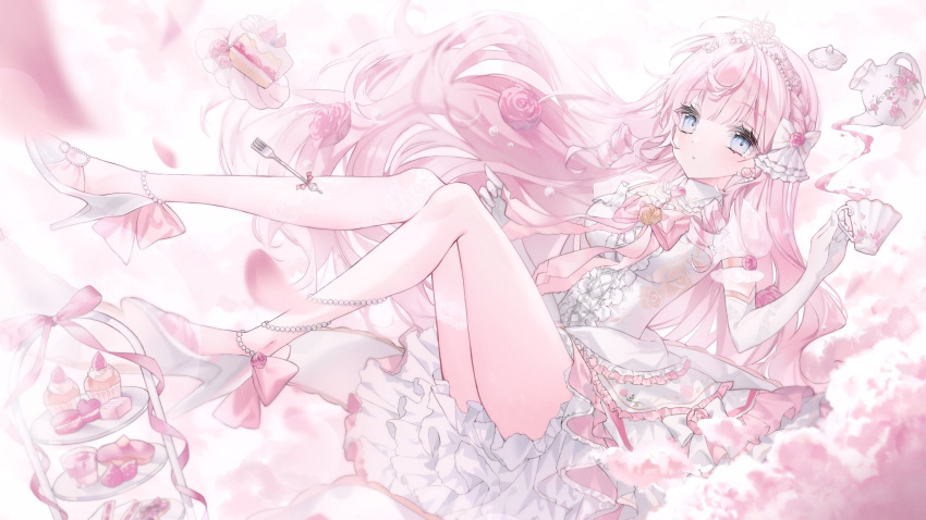 1girl blue_eyes bow cake cup dress earrings elbow_gloves flower food fork gloves hair_bow highres himeno_aimu holding holding_cup indie_virtual_youtuber jewelry long_hair noah_(0noah) pink_flower pink_hair pink_rose rose solo strawberry_shortcake teacup teapot white_bow white_dress white_footwear white_gloves