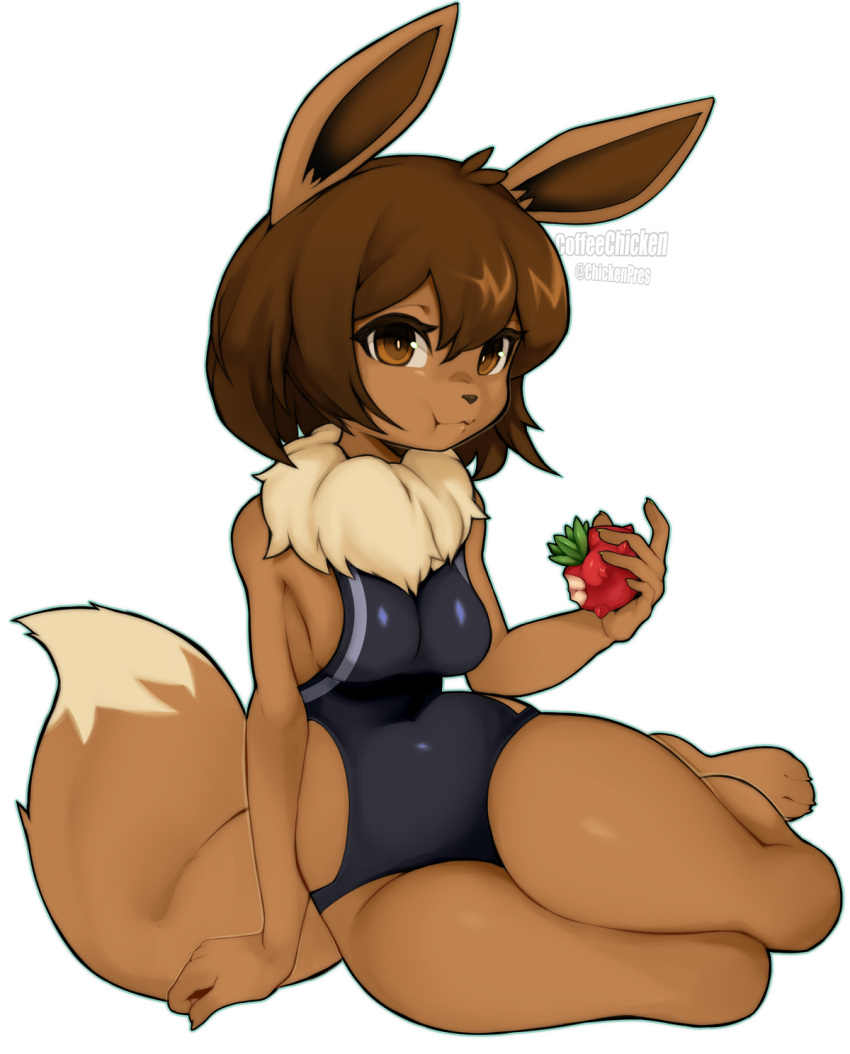 2023 anthro artist_name breasts brown_eyes brown_hair clothed clothing coffeechicken dipstick_tail eevee female fingers food generation_1_pokemon hair hi_res holding_food holding_object markings neck_tuft nintendo pokemon pokemon_(species) pokemon_berry short_hair simple_background solo tail tail_markings tamato_berry tuft white_background