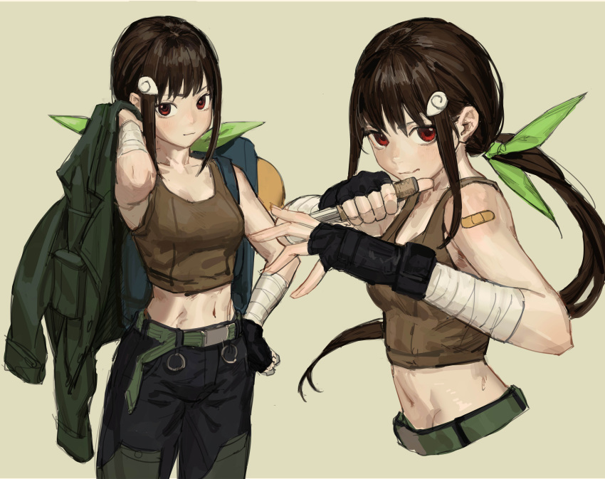 1girl abs absurdres aged_up backpack bag bandaged_arm bandages bandaid bandaid_on_shoulder bare_shoulders belt belt_buckle black_gloves black_hair black_pants breasts brown_background brown_sports_bra buckle cargo_pants chinese_commentary closed_mouth collarbone commentary cowboy_shot cropped_torso fighting_stance fingerless_gloves floating_hair gloves green_belt green_jacket green_pants green_ribbon hachikuji_mayoi hair_ornament hair_ribbon hair_strand hairclip hand_on_own_hip hand_up highres holding holding_knife jacket jacket_over_shoulder jacket_removed kabukimonogatari knife long_hair looking_at_viewer medium_breasts midriff military_jacket monogatari_(series) multiple_views navel pants ponytail red_eyes reverse_grip ribbon sidelocks simple_background snail_hair_ornament solipsist sports_bra standing two-tone_pants very_long_hair weapon