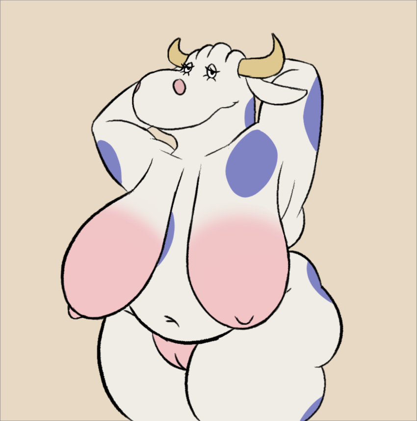 armpit_fetish big_breasts bovid bovine breasts butt cattle female genitals hi_res horn humanoid mammal mary_moo_cow mature_female mottled navel pussy rogero_(artist) sagging_breasts simple_background slightly_chubby solo thick_thighs wide_hips