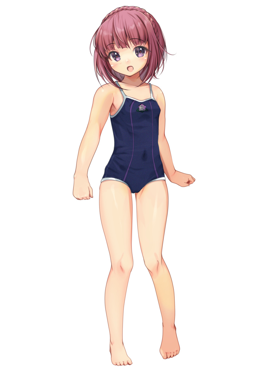 1girl absurdres aikawa_aika alice_gear_aegis barefoot blue_one-piece_swimsuit braid breasts competition_school_swimsuit crown_braid full_body highres looking_at_viewer one-piece_swimsuit open_mouth purple_eyes purple_hair school_swimsuit short_hair simple_background small_breasts solo standing swimsuit white_background yashin_(yasinz)