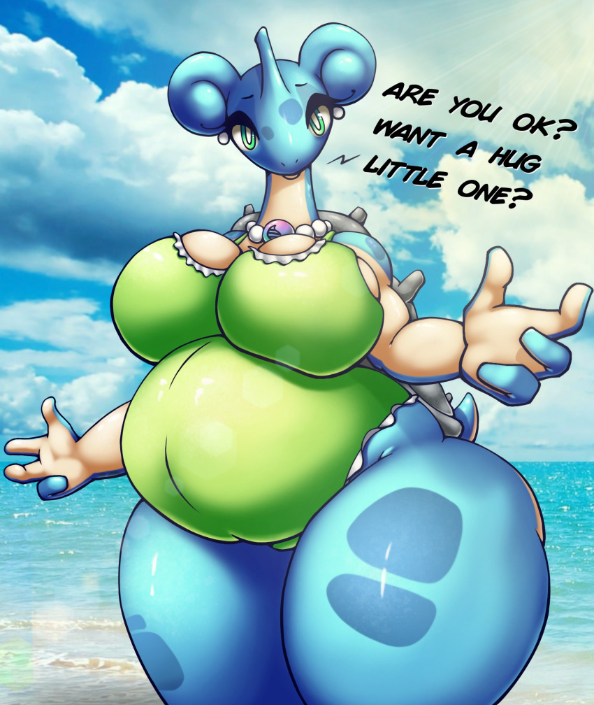 4_fingers anthro beach belly big_breasts blue_body breasts clothing cloud digital_drawing_(artwork) digital_media_(artwork) ear_piercing ear_ring eyelashes female fingers gem generation_1_pokemon green_eyes green_outfit hi_res jewelry lapras mega_stone multicolored_body necklace nintendo overweight pearl_(gem) pearl_necklace piercing pokemon pokemon_(species) ring_piercing sea seaside shell sky solo swimwear tail text thick_thighs water z_dragon