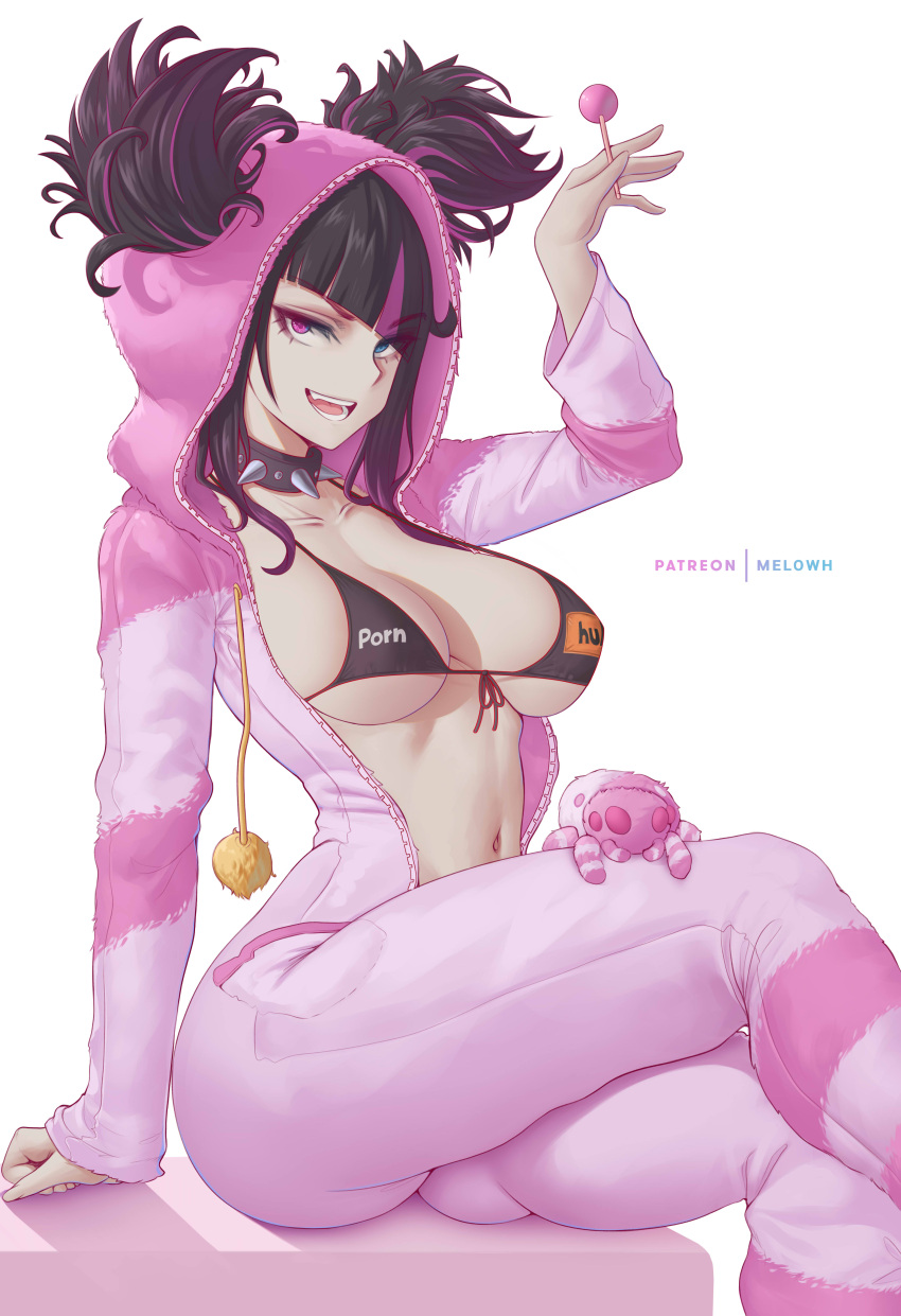 1girl absurdres bikini black_bikini black_hair blue_eyes breasts candy collar collarbone commentary food han_juri heterochromia highres holding holding_candy holding_food holding_lollipop hood large_breasts lollipop long_sleeves looking_at_viewer melowh multicolored_hair official_alternate_costume open_mouth patreon_username pink_eyes pink_hair pornhub simple_background solo spiked_collar spikes street_fighter street_fighter_6 striped swimsuit teeth thick_thighs thighs two-tone_hair white_background