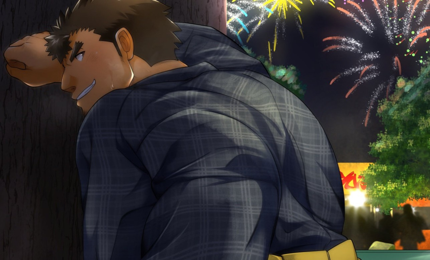 1boy aerial_fireworks against_tree alternate_costume bara blush come_hither commission cropped facial_hair festival fireworks forked_eyebrows goatee japanese_clothes kimono kontahsm long_sideburns looking_at_viewer male_focus muscular muscular_male naughty_face presenting public_indecency seductive_smile short_hair sideburns skeb_commission smile solo stubble summer_festival takabushi_kengo thick_eyebrows tokyo_afterschool_summoners tree upper_body yukata