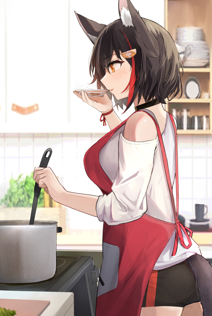 1girl animal_ear_fluff animal_ears apron black_choker black_shorts blush brown_eyes choker cooking from_side hair_ornament highres holding hololive multicolored_hair off_shoulder ookami_mio plate red_apron shirt short_hair short_shorts shorts shuuzo3 smile solo streaked_hair tail tasting tasting_plate virtual_youtuber white_shirt wolf_ears wolf_girl wolf_tail