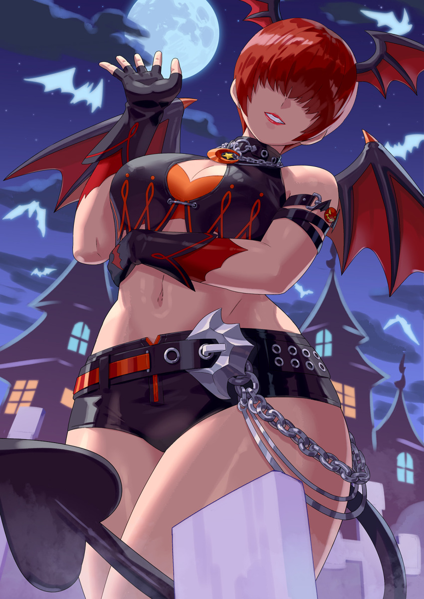 1girl breasts cleavage covered_eyes demon_girl demon_tail demon_wings hair_over_eyes halloween head_wings highres large_breasts lips lipstick long_hair looking_at_viewer makeup midriff mini_wings official_alternate_costume ponytail red_hair shermie_(kof) short_shorts shorts smile snk solo split_ponytail tail the_king_of_fighters the_king_of_fighters_all-stars thighs wings yagi2013