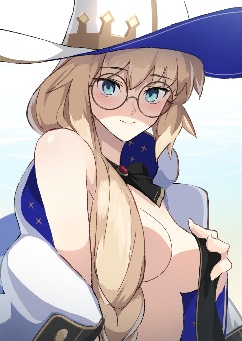 1girl blonde_hair blue_eyes blush bow bowtie breasts brooch fate/grand_order fate_(series) glasses hat highres jewelry kiso_(wjnomcuzqmdjcql) large_breasts long_hair looking_at_viewer naked_robe off_shoulder robe round_eyewear smile solo tonelico_(fate) white_headwear witch_hat