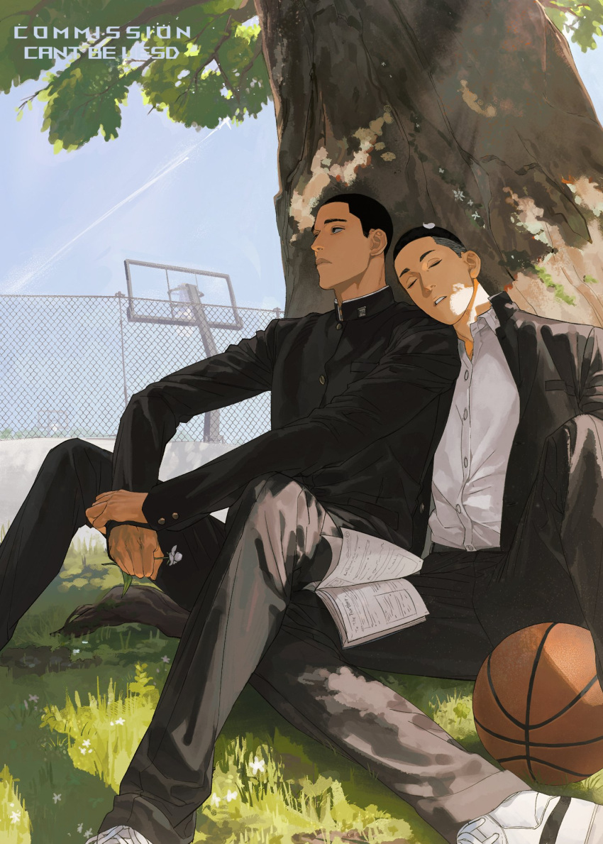 2boys ball basketball_(object) basketball_hoop black_eyes black_hair black_jacket black_pants book buzz_cut closed_eyes couple dappled_sunlight day flower fukatsu_kazunari gakuran head_on_another's_shoulder highres holding holding_flower jacket leaning_on_person male_focus multiple_boys on_grass open_clothes open_jacket outdoors pants sawakita_eiji school_uniform shoes short_hair sitting slam_dunk_(series) sleeping sneakers sunlight tree tree_shade under_tree undercut very_short_hair wfi1584191 white_footwear wire_fence yaoi