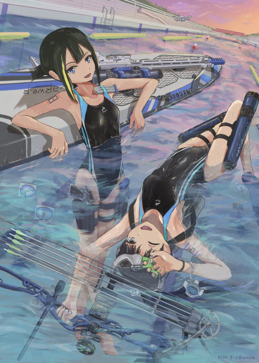 2girls archery arm_rest artist_name bare_shoulders barefoot black_hair black_one-piece_swimsuit bleachers blonde_hair blue_eyes blue_one-piece_swimsuit boat bodypaint bow_(weapon) breasts cable collarbone commentary commentary_request competition_swimsuit compound_bow dated diving_mask diving_mask_on_head diving_regulator dusk dutch_angle flippers floating foot_out_of_frame full_body goggles goggles_on_head gradient_sky gun hair_up highleg highleg_swimsuit highres knee_up long_hair looking_at_viewer lying magazine_(weapon) multicolored_hair multiple_girls numbered on_back one-piece_swimsuit one_eye_closed open_mouth orange_sky original outdoors partially_submerged perspective pink_sky ponytail pool quiver railing rifle scope scuba scuba_tank sem_(sempix) short_hair short_ponytail signature sky small_breasts smile sniper_rifle streaked_hair sunset swimming swimsuit target target_practice thigh_strap twitter_username two-tone_swimsuit watercraft weapon weapon_request