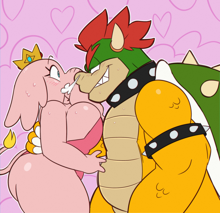 1boy 1girl absurdres arm_around_waist armlet blush bowser breasts cleavage collar colored_skin crown elephant_girl elephant_princess_peach elephant_tail eye_contact furry furry_female furry_male furry_with_furry heart heart_background highres horns large_breasts leotard light_blush looking_at_another mario_(series) mini_crown monamania pink_background pink_leotard pink_skin princess_peach red_hair sharp_teeth smile snort spiked_armlet spiked_collar spiked_shell spikes super_mario_bros._wonder teeth