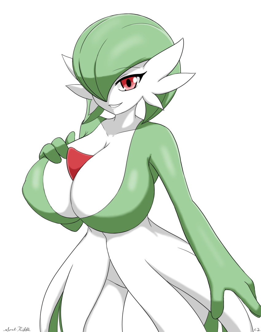 big_breasts breasts curvaceous curvy_figure female gardevoir generation_3_pokemon green_body green_hair grin hair hair_over_eye hi_res humanoid looking_at_viewer nintendo one_eye_obstructed pokemon pokemon_(species) red_eyes simple_background smile solo soulkibble standing thick_thighs voluptuous white_background white_body wide_hips