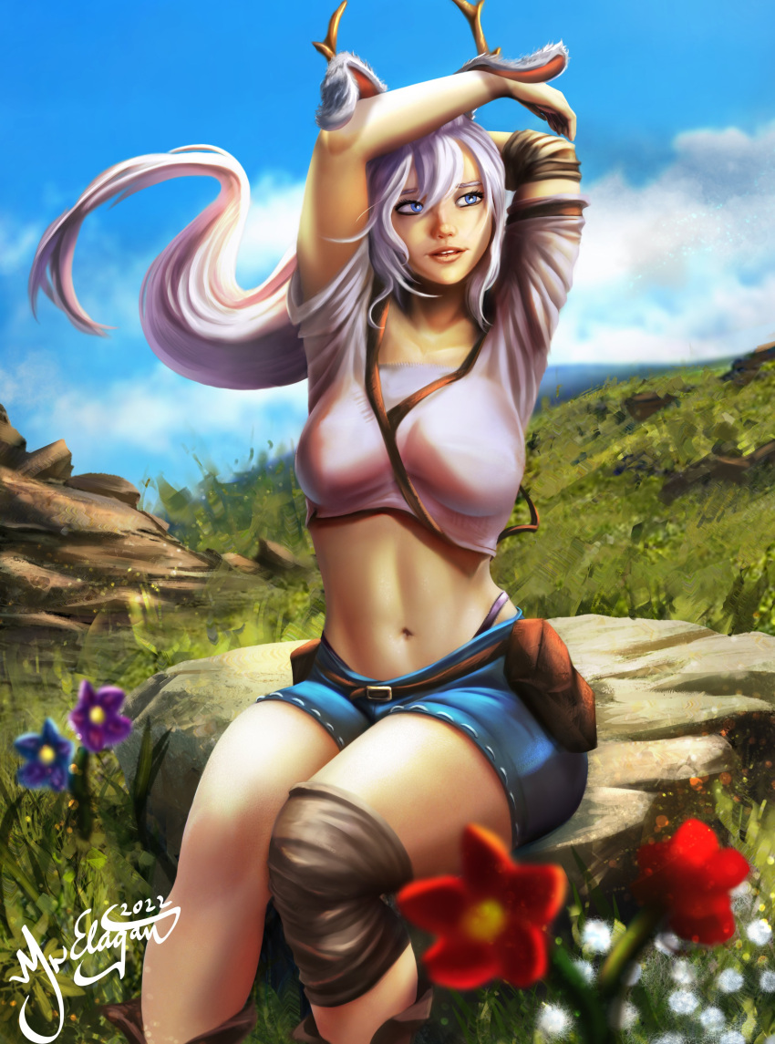 1girl absurdres animal_ears antlers belt belt_pouch blue_eyes crop_top draw_this_in_your_style_challenge flower hair_flowing_over highres knee_pads long_hair mrelagan nature original pouch rabbit_ears realistic reindeer_antlers shorts single_knee_pad solo_focus white_hair