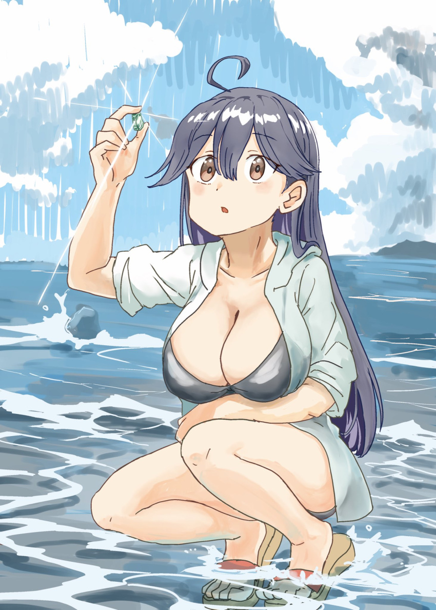 1girl ahoge alternate_costume bikini black_bikini black_hair black_sweater breasts brown_eyes cardigan cleavage full_body green_sweater hair_between_eyes highres kantai_collection large_breasts long_hair madmag1990 open_cardigan open_clothes sandals solo squatting sweater swimsuit ushio_(kancolle) wading