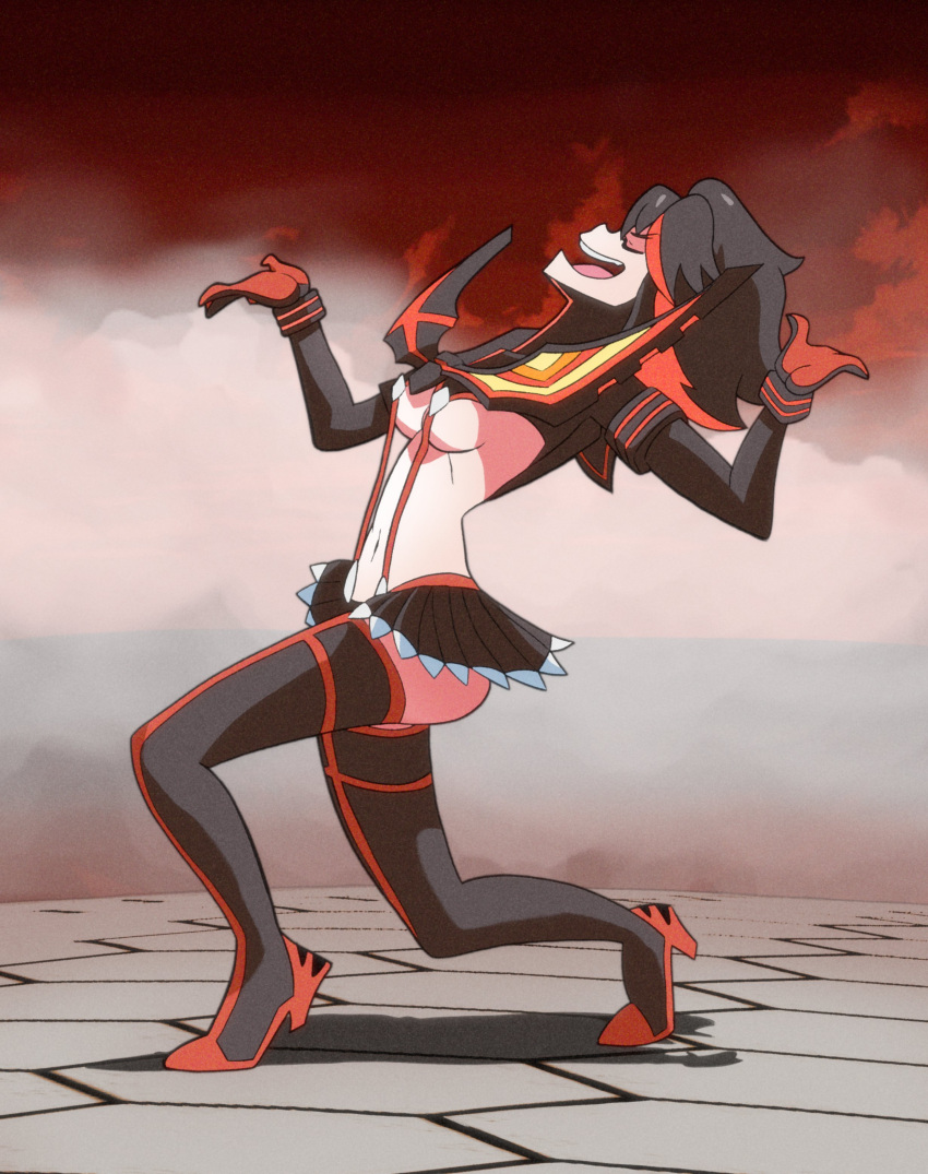 1girl absurdres black_hair boots breasts chimeraenvy closed_eyes commentary derivative_work elbow_gloves english_commentary full_body gloves highres kill_la_kill matoi_ryuuko microskirt multicolored_hair navel open_mouth pleated_skirt red_hair revealing_clothes screencap_redraw senketsu sideboob skirt smile solo streaked_hair suspender_skirt suspenders thigh_boots two-tone_hair