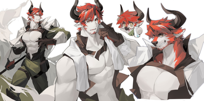 1boy absurdres alternate_costume animal_ears arknights bara bare_pectorals beard_stubble brown_gloves chest_harness chibi chibi_inset collage cow_boy cow_ears cow_horns cropped_torso feet_out_of_frame furrification furry furry_male gloves grin harness highres horns humus_(arknights) incredibly_absurdres large_pectorals looking_at_viewer looking_to_the_side male_focus mature_male minotaur multicolored_hair muscular muscular_male nipples open_jumpsuit pectorals red_hair short_hair smile streaked_hair thick_eyebrows towel yaoyaore