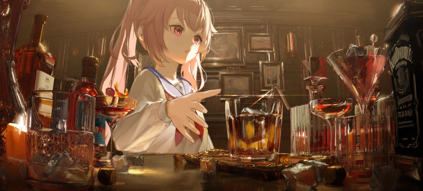 1girl absurdres alcohol ata-zhubo bar_(place) blue_archive blue_sailor_collar cocktail cocktail_glass cup drinking_glass highres long_hair long_sleeves natsu_(blue_archive) neckerchief open_mouth pink_hair red_eyes red_neckerchief sailor_collar school_uniform serafuku side_ponytail solo whiskey