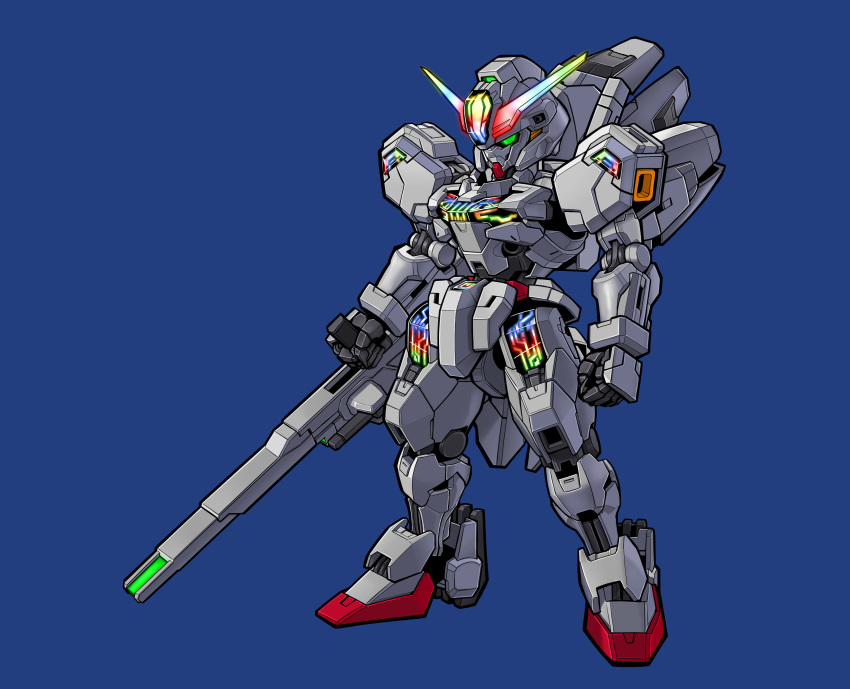 absurdres beam_cannon blue_background chibi english_commentary full_body glowing green_eyes gundam gundam_calibarn gundam_suisei_no_majo highres holding holding_cannon holding_weapon mecha mobile_suit no_humans rence robot sd_gundam solo standing thrusters v-fin weapon