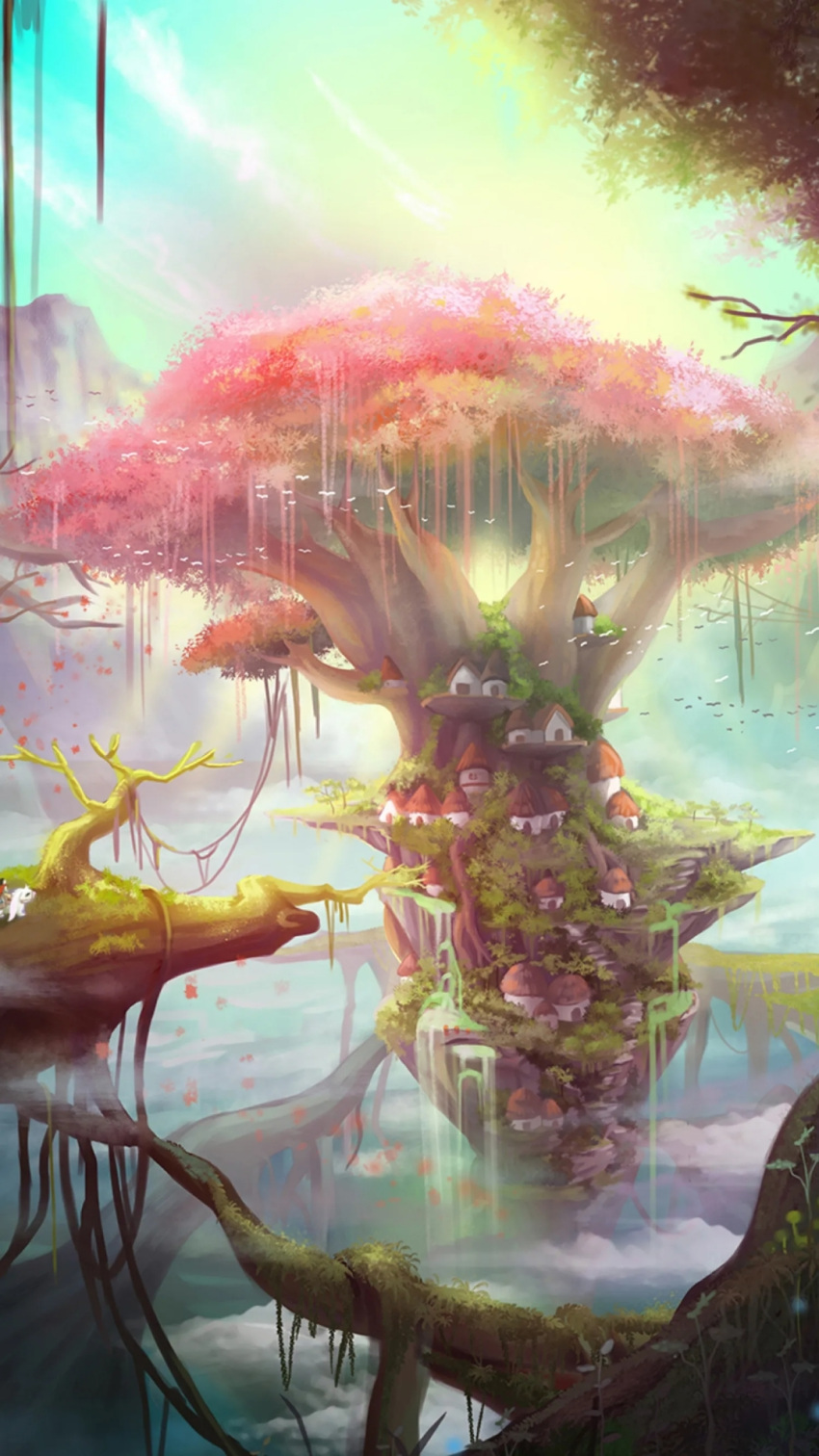 artist_request bird blue_sky branch cherry_blossoms cloud day floating_island highres house landscape leaf moss no_humans non-web_source ocean original outdoors petals plant sky source_request sun third-party_source tree vines water waterfall