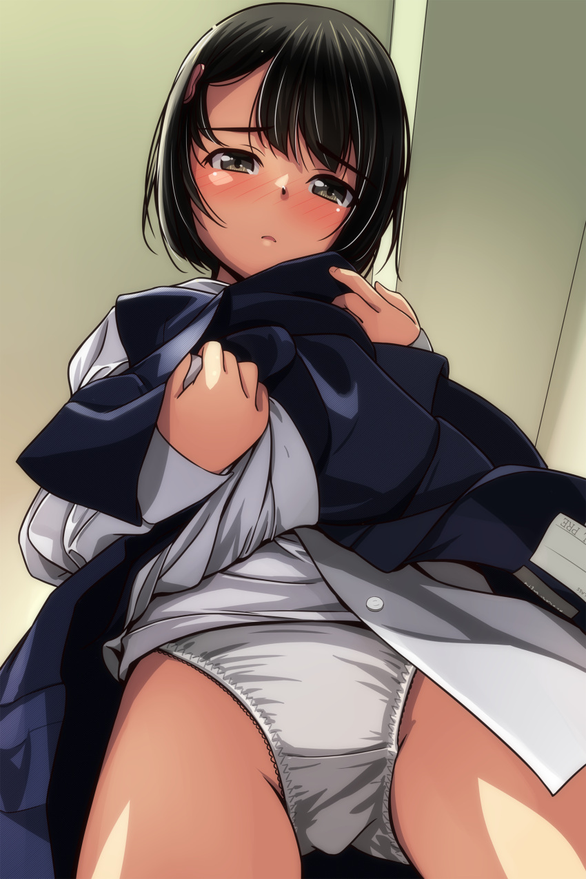 1girl absurdres black_hair blue_skirt blush brown_eyes clothes_lift from_below hair_ornament half-closed_eyes highres indoors lifted_by_self long_sleeves looking_at_viewer looking_down matsunaga_kouyou nose_blush original panties parted_bangs parted_lips pleated_skirt shirt skirt skirt_lift sleeves_past_wrists solo standing underwear white_panties white_shirt