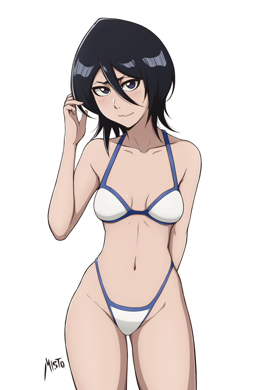 1girl absurdres bikini black_hair bleach breasts cowboy_shot english_commentary hair_between_eyes highleg highleg_bikini highres kuchiki_rukia looking_at_viewer mistowing purple_eyes short_hair simple_background small_breasts smile solo standing swimsuit white_background