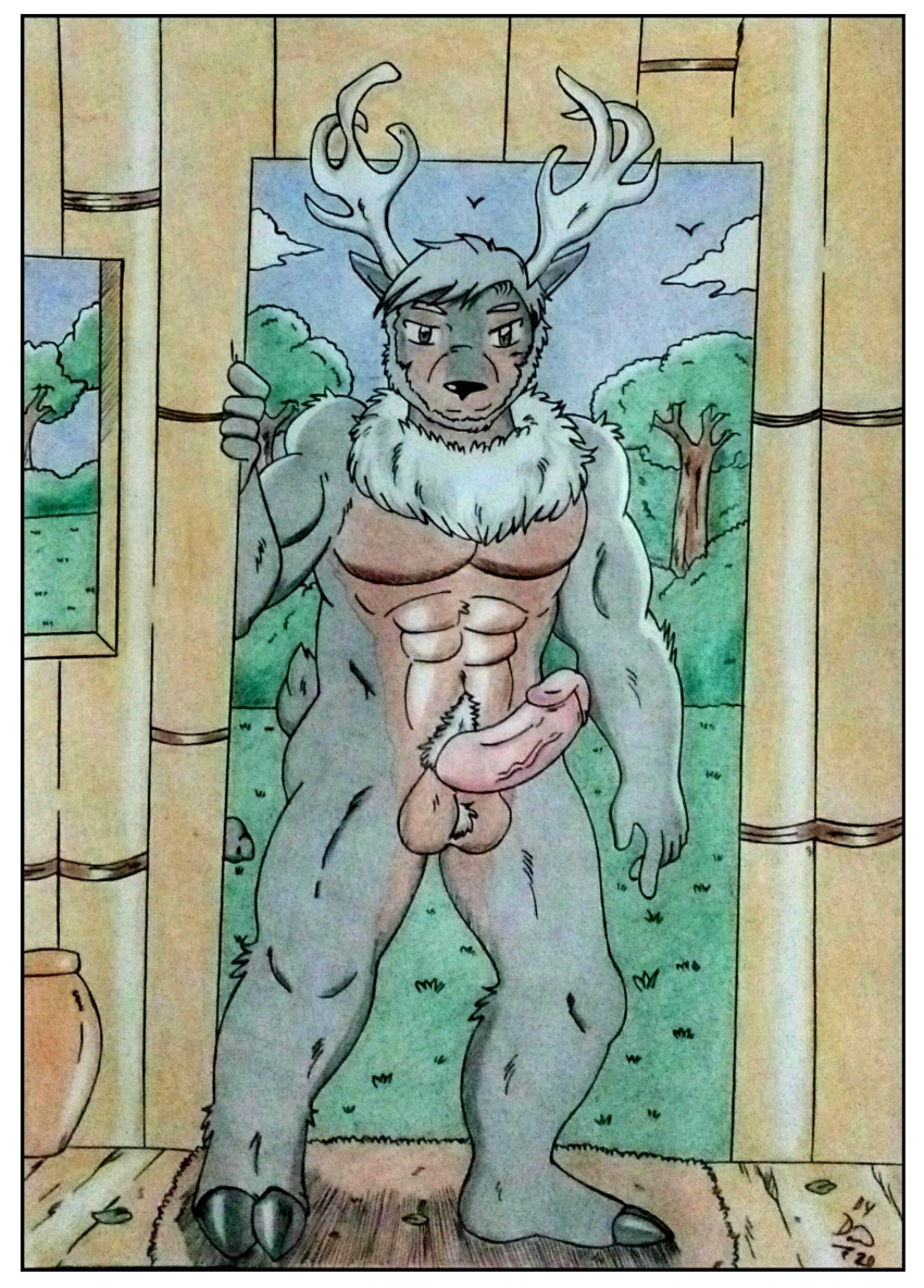 5_fingers abs absurd_res anthro antlers balls barazoku biceps black_nose body_hair brown_body brown_eyes brown_fur cabin cervine_antlers dashthefox day deer detailed detailed_background entering erection fingers forest forest_background fur genitals grass grey_body grey_fur hair hairy_balls happy_trail hi_res hooves horn humanoid_genitalia humanoid_penis male mammal manly mature_male moobs multicolored_body multicolored_fur muscular muscular_anthro muscular_male nature nature_background nude nude_male obliques pecs penis plant pubes pubes_exposed scut_tail short_tail smile solo tail tall thick_penis traditional_media_(artwork) tree vase vein veiny_penis white_hair