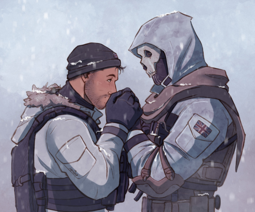 2boys amikoroyai bara beanie beard_stubble blush bulletproof_vest call_of_duty call_of_duty:_modern_warfare_2 couple eye_contact from_side ghost_(modern_warfare_2) hat highres holding_hands hood hood_down hood_up kiss kissing_hand looking_at_another male_focus mask mature_male multiple_boys mustache_stubble short_hair sideburns skull_mask snow soap_(modern_warfare_2) union_jack_print upper_body warming_hands yaoi