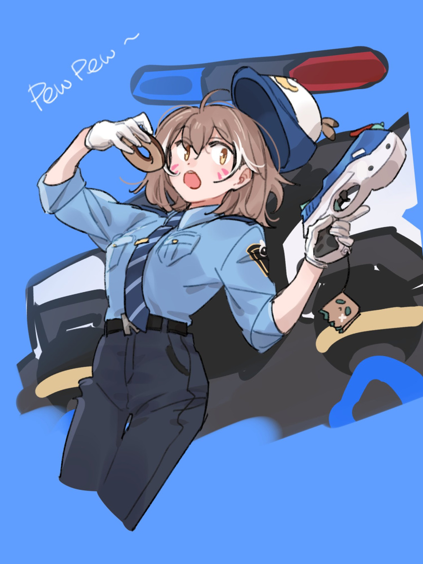 1girl ahoge alternate_costume belt blue_background blue_necktie blue_pants blue_shirt blush brmameng brown_eyes brown_hair car cosplay crossed_bangs d.va_(overwatch) d.va_(overwatch)_(cosplay) double-parted_bangs doughnut drawn_whiskers eating female_service_cap food friend_(nanashi_mumei) gloves gun hair_between_eyes handgun hat highres holding holding_food hololive hololive_english keychain motor_vehicle multicolored_hair nanashi_mumei necktie objectification overwatch pants police police_badge police_car police_hat police_uniform policewoman shirt short_hair streaked_hair striped_necktie uniform virtual_youtuber weapon white_gloves