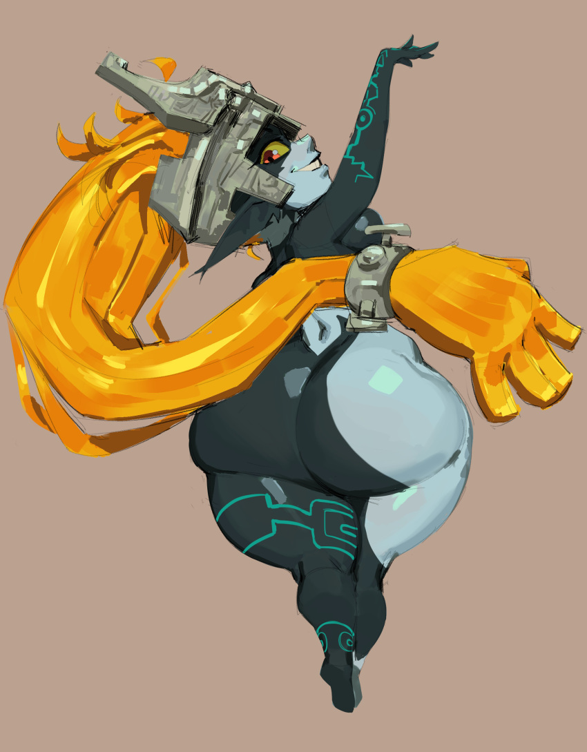 absurd_res armor big_butt blonde_hair breasts butt female hair headgear helmet hi_res huge_butt huge_hips humanoid humanoid_pointy_ears imp living_hair looking_at_viewer looking_back markings midna multicolored_body nezulet nintendo nude rear_view short_stack solo the_legend_of_zelda thick_thighs twili twilight_princess wide_hips