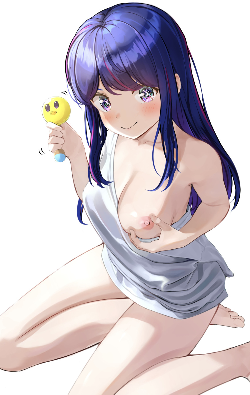 1girl absurdres barefoot blue_eyes blush breasts closed_mouth collarbone commentary_request feet_out_of_frame highres holding hoshino_ai_(oshi_no_ko) large_breasts long_hair looking_at_viewer multicolored_eyes multicolored_hair nipples orodji_(shinorozi) oshi_no_ko pieyon pink_eyes pink_hair purple_eyes shirt sidelocks simple_background single_bare_shoulder sitting smile solo star-shaped_pupils star_(symbol) streaked_hair swept_bangs symbol-shaped_pupils white_background white_shirt yokozuwari